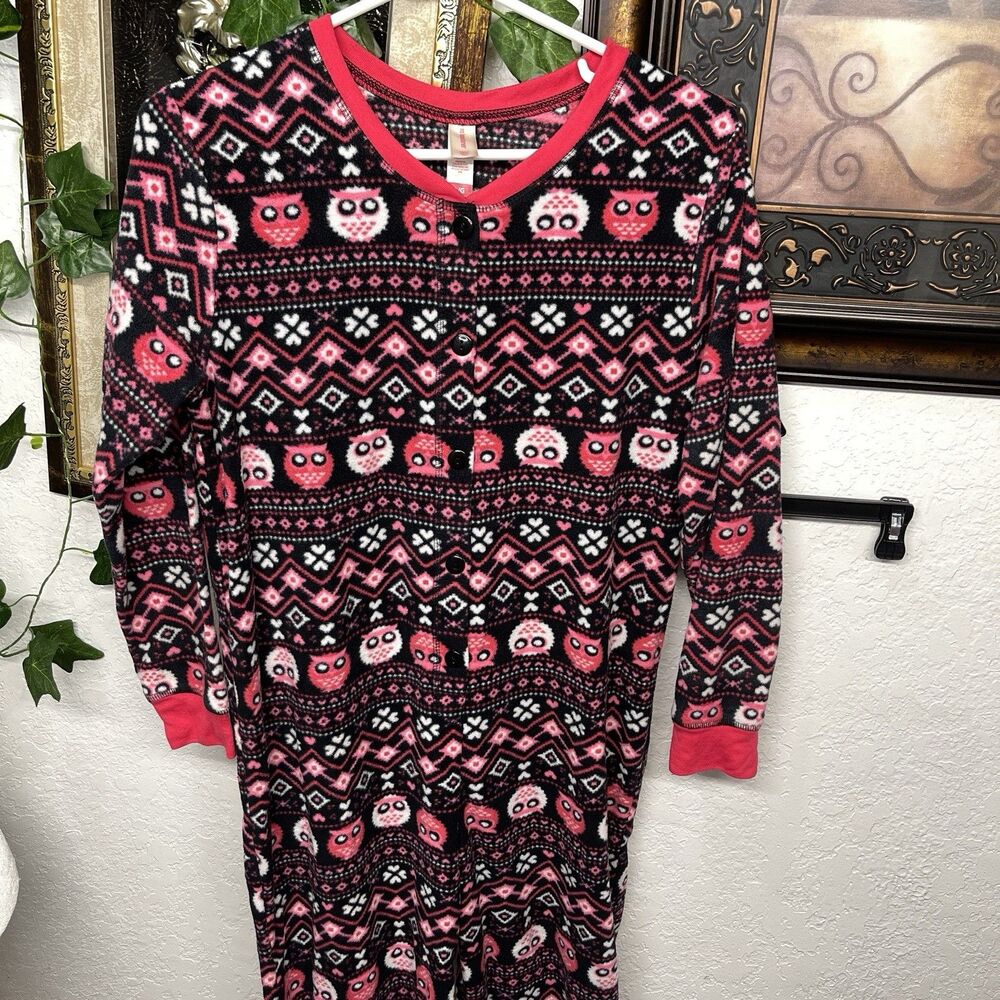 No Boundaries Women’s L Black Pink White Owl Footed One Piece Pajamas